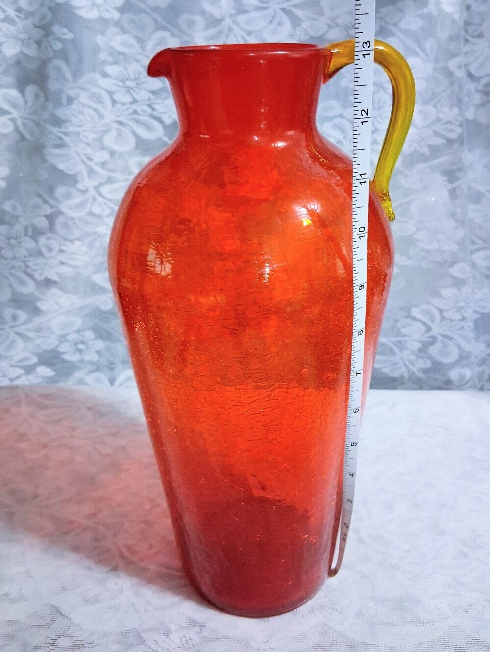 Vintage Large Pilgrim Tangerine Orange Crackle Glass Pitcher Ewer 13” UV React - Picture 6 of 17